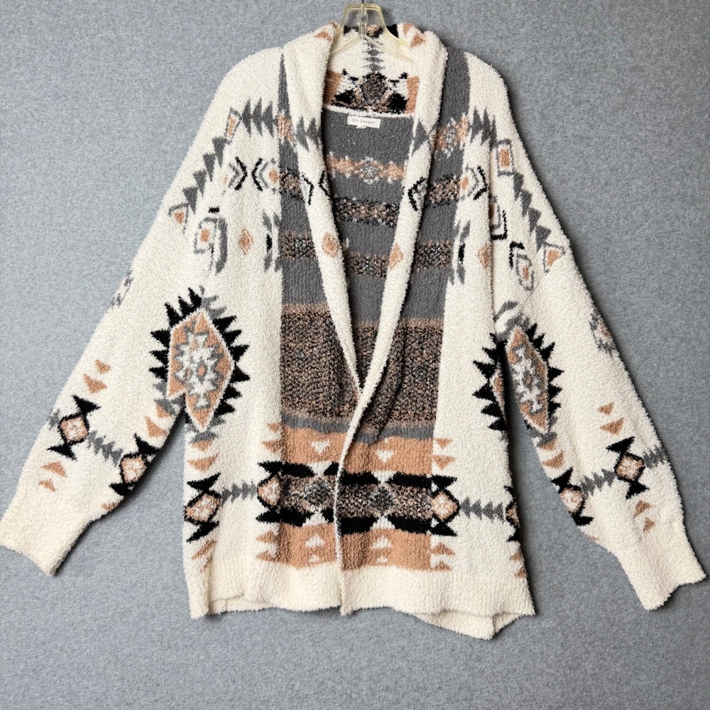 Blu Pepper Women's Southwestern Popcorn Knit Shawl Cardigan Cream Large